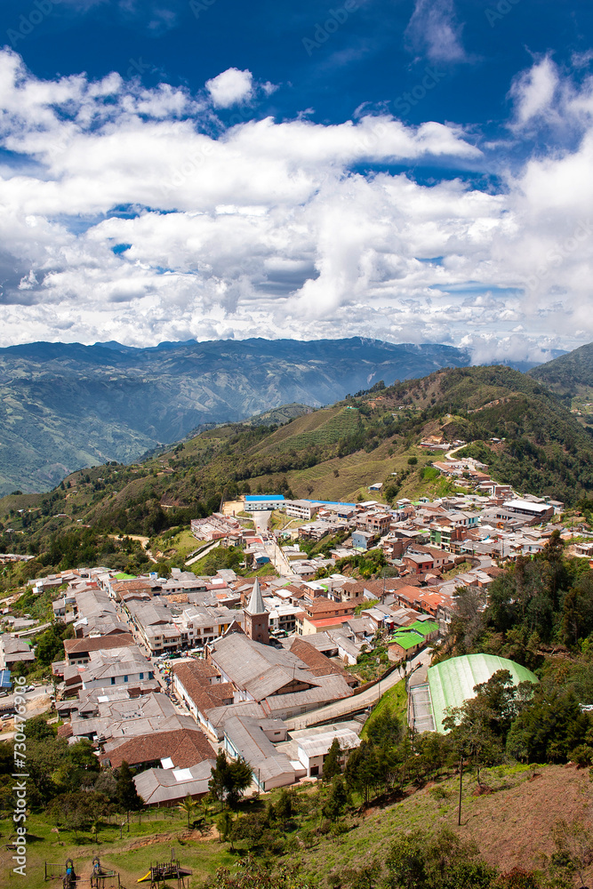 Montebello, Antioquia - Colombia. January 24, 2024. Panoramic with drone of the municipality, with a population of 6680 inhabitants