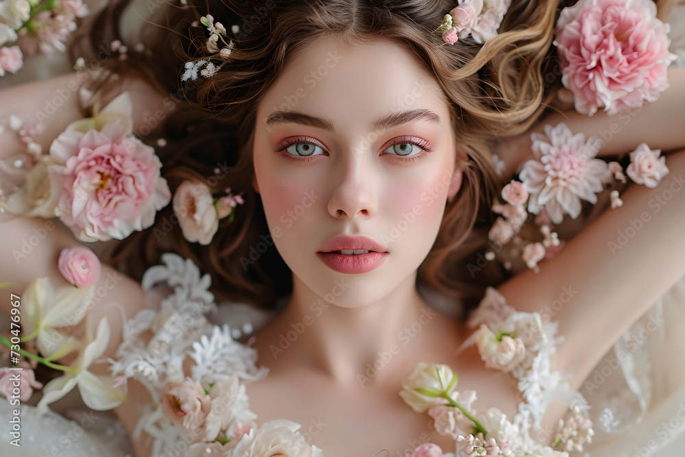 Beautiful woman lying in flowers. Fantasy girl portrait. Skincare and spa procedure concept. Perfect skin, neutral makeup. Natural beauty and health. Background for design card, banner, flyer, poster