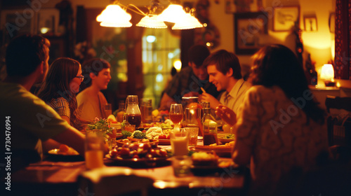 Family and friends enjoying a cozy dinner together  warm ambiance.