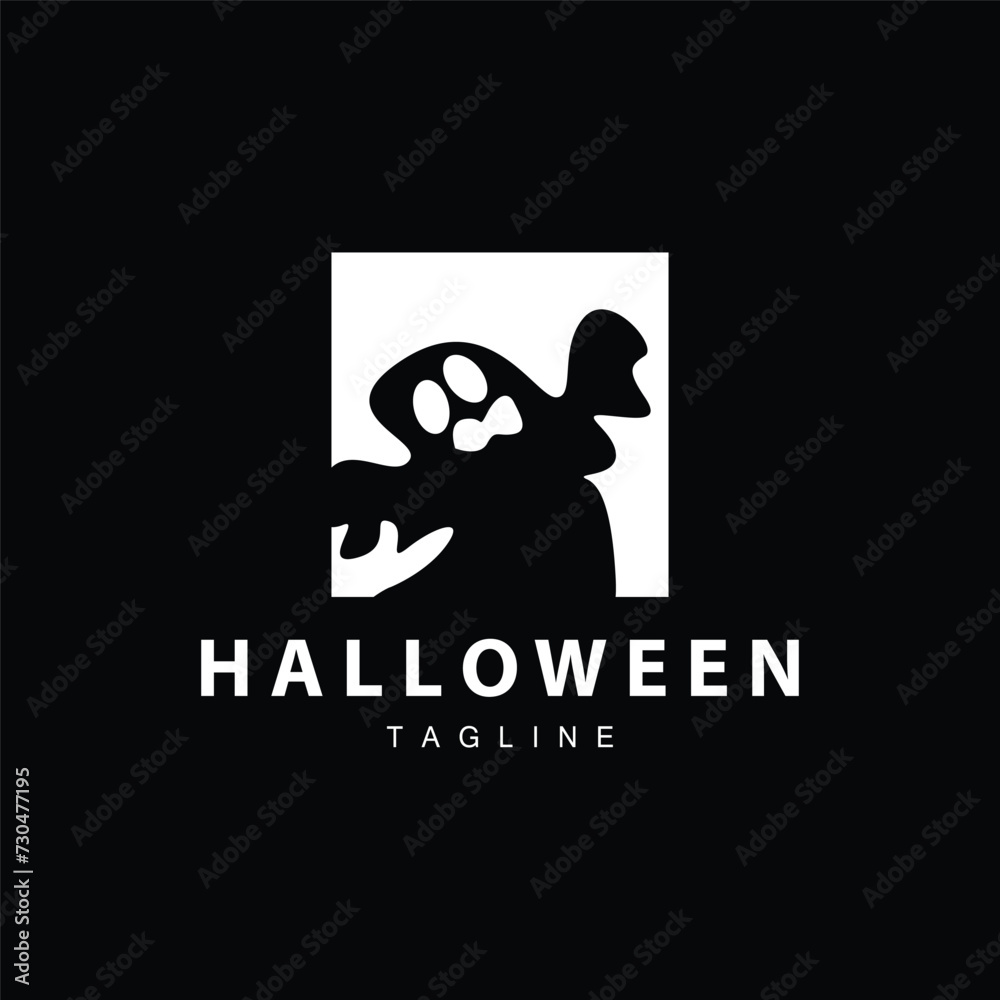 Spooky Ghost Logo, Simple Halloween Cartoon Devil Design Illustration Template Black Background