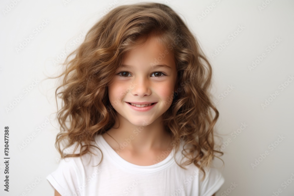 Portrait of a pretty little girl with long curly hair on a white background Portrait of a pretty little girl with long curly hair on a white background
