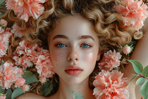Beautiful woman lying in flowers. Fantasy girl portrait. Skincare and spa procedure concept. Perfect skin, neutral makeup. Natural beauty and health. Background for design card, banner, flyer, poster © ratatosk