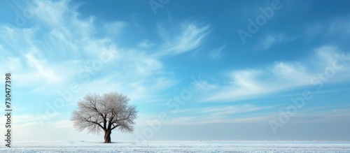 Panoramic a lonely tree on a sunset winter with a beautiful sky background landscape. AI generated