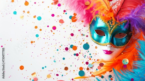 Dynamic carnival design showcasing colorful masks and playful decorations against a clean white background generative ai © ThisDesign