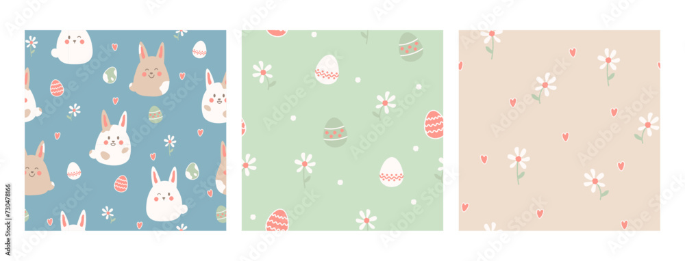 Set of seamless patterns for Easter with bunnies and Easter eggs