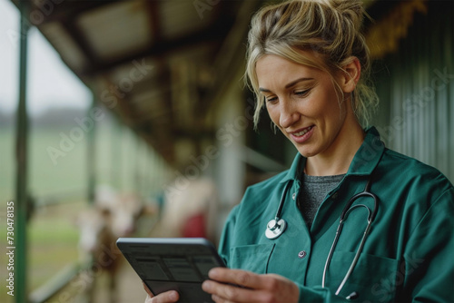 A female veterinarian in a green coat smiling as she uses a tablet on a cattle farm.