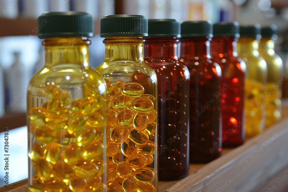 Glowing Amber: A Close-up of Golden Oil Capsules Glowing Amber: A Close-up of Golden Oil Capsules