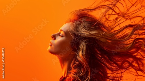 Dynamic studio capture of a woman in motion, surrounded by a bold orange background, generative ai
