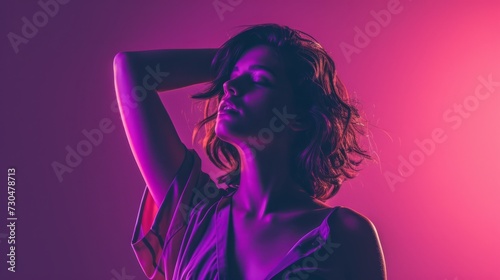 Dynamic studio image of a woman in a powerful stance, surrounded by a bold purple background, generative ai