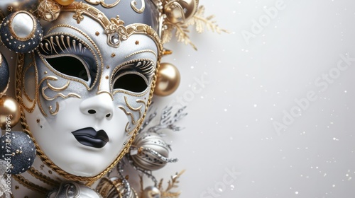 Elegant carnival design showcasing sophisticated masks and ornaments on a timeless white background, generative ai © ThisDesign