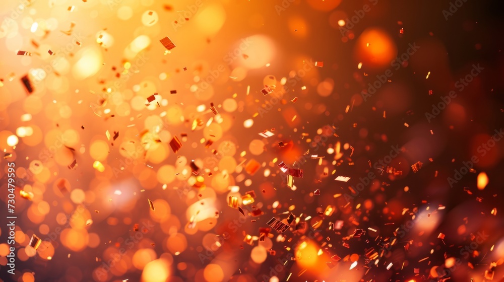 Energetic orange background complementing the bokeh-style confetti, generative ai