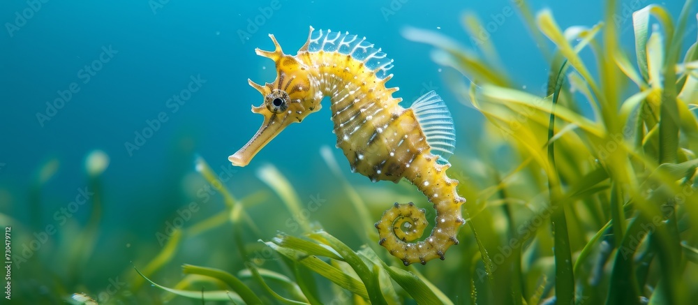 A small, attractive seahorse glides in the blue water amidst the green grass.