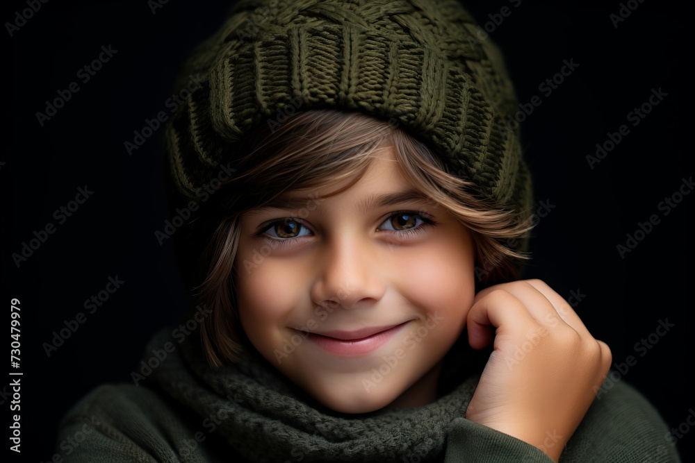 Portrait of a smiling little boy in a knitted cap and scarf on a black background Portrait of a smiling little boy in a knitted cap and scarf on a black background