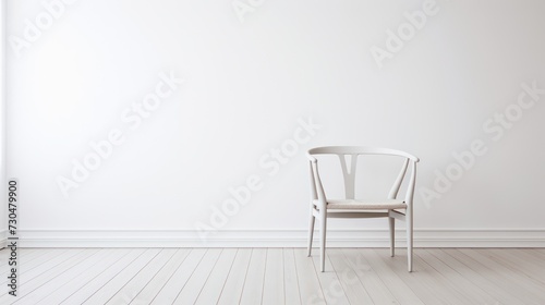 Interior design of a wooden table in a minimalist room with vinyl flooring, white walls, modern minimalist house with copy space.