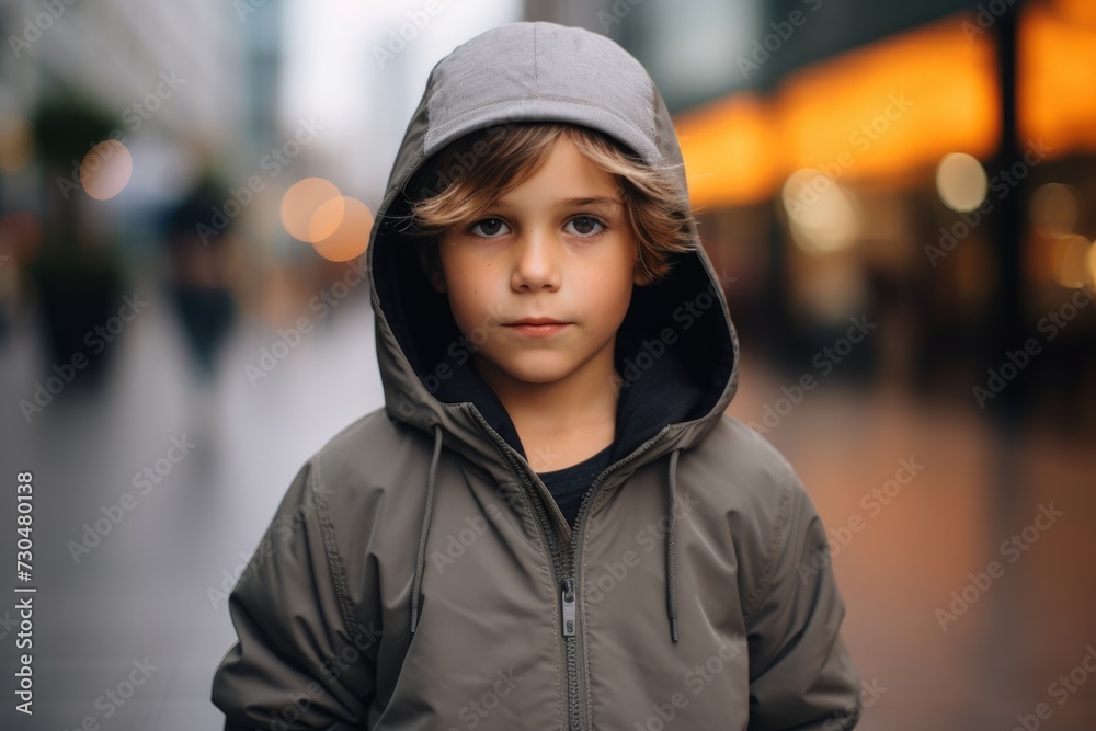 Portrait of a little boy in a hood on the street. Portrait of a little boy in a hood on the street.