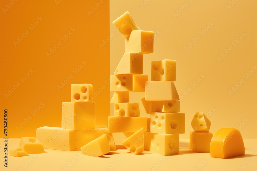 Pattern of assortment cheeses on yellow background. Different kinds of delicious cheese. Parmesan, diced, grated and soft cheese Pattern of assortment cheeses on yellow background. Different kinds of delicious cheese. Parmesan, diced, grated and soft cheese