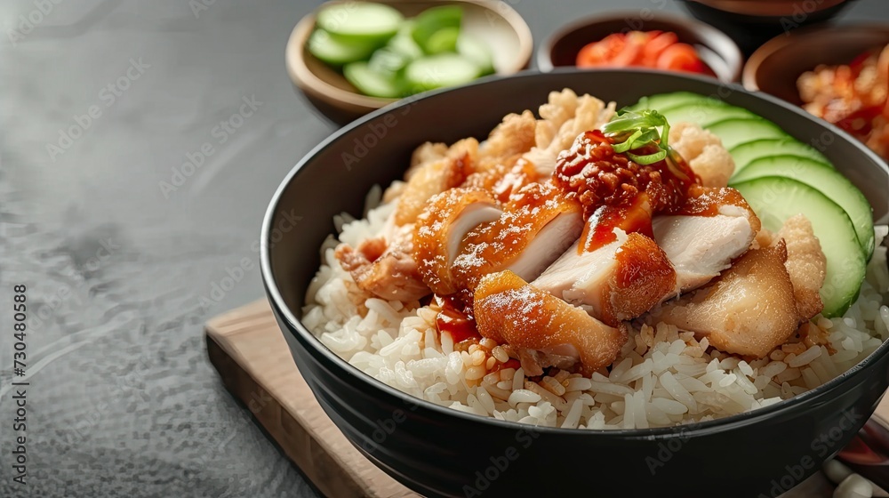 steamed rice with fried chicken or hainanese chicken rice, realistic, HD, copy space - generative ai steamed rice with fried chicken or hainanese chicken rice, realistic, HD, copy space - generative ai