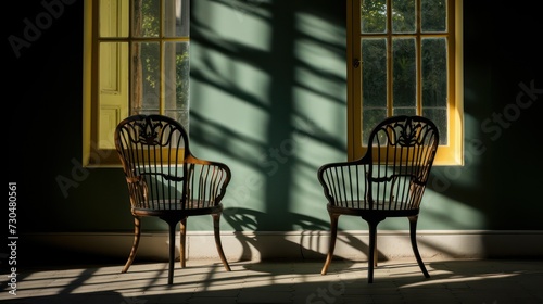 Traditional house interior with classic rattan chairs  lighting from window shadows