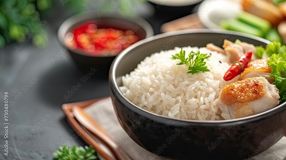 steamed rice with fried chicken or hainanese chicken rice, realistic, HD, copy space - generative ai steamed rice with fried chicken or hainanese chicken rice, realistic, HD, copy space - generative ai