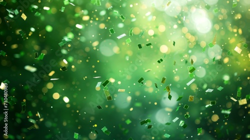 Festive green bokeh confetti floating down on a lively green background, generative ai