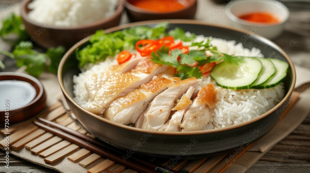 steamed rice with fried chicken or hainanese chicken rice, realistic, HD, copy space - generative ai steamed rice with fried chicken or hainanese chicken rice, realistic, HD, copy space - generative ai