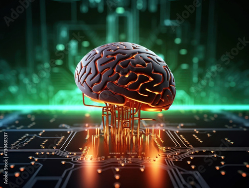 Brain connected to glowing circuit board, A.I., Metaverse, Technology