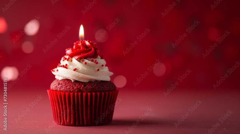 Festive red velvet cupcake topped with a single candle generative ai Festive red velvet cupcake topped with a single candle generative ai