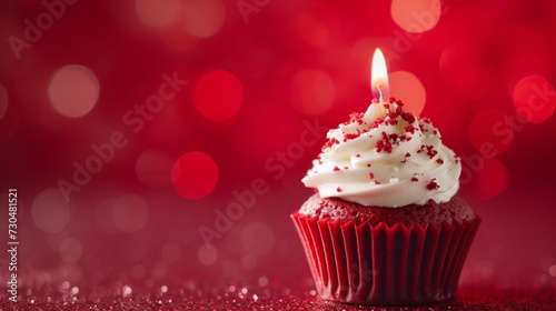 Festive red velvet cupcake topped with a single candle generative ai