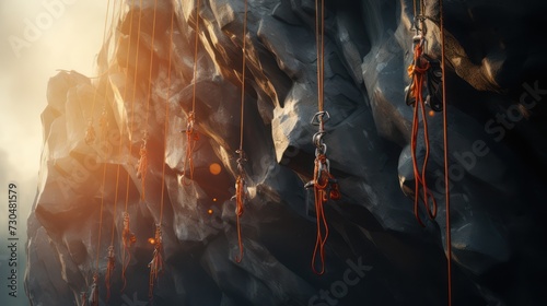 Rock climbing equipment descender belay rope, extreme sports background wallpaper. photo