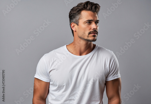 portrait of a man wearing a white T.shirt side look