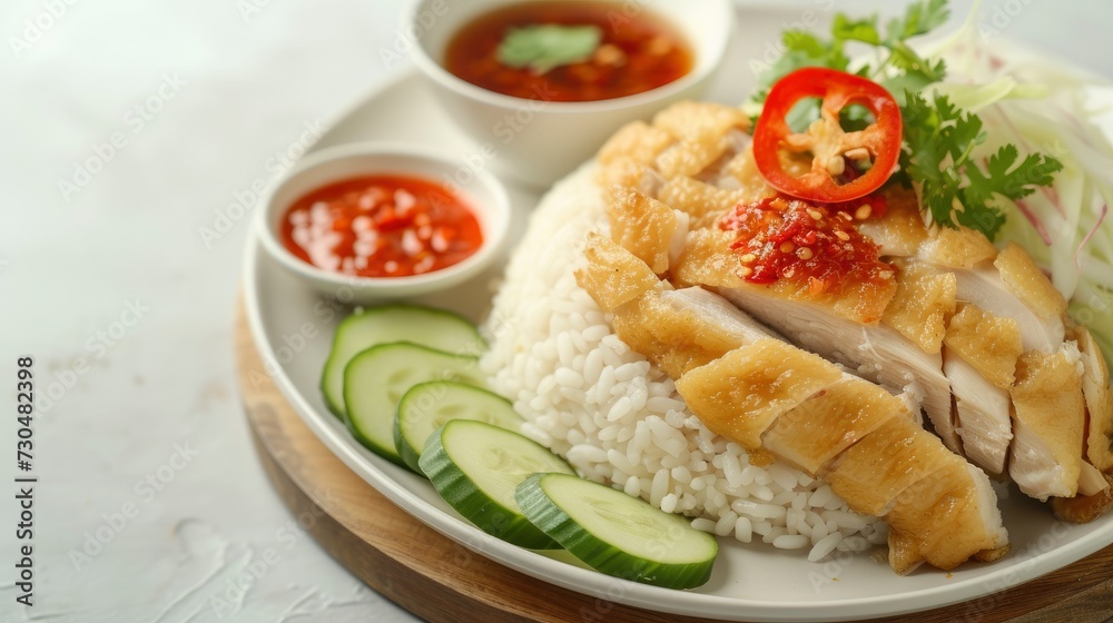 steamed rice with fried chicken or hainanese chicken rice, realistic, HD, copy space - generative ai steamed rice with fried chicken or hainanese chicken rice, realistic, HD, copy space - generative ai
