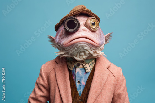 fish dressed as a hipster standing on a colored background