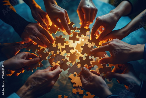 Hands join puzzle pieces,  putting the jigsaws team together, business concept
 photo
