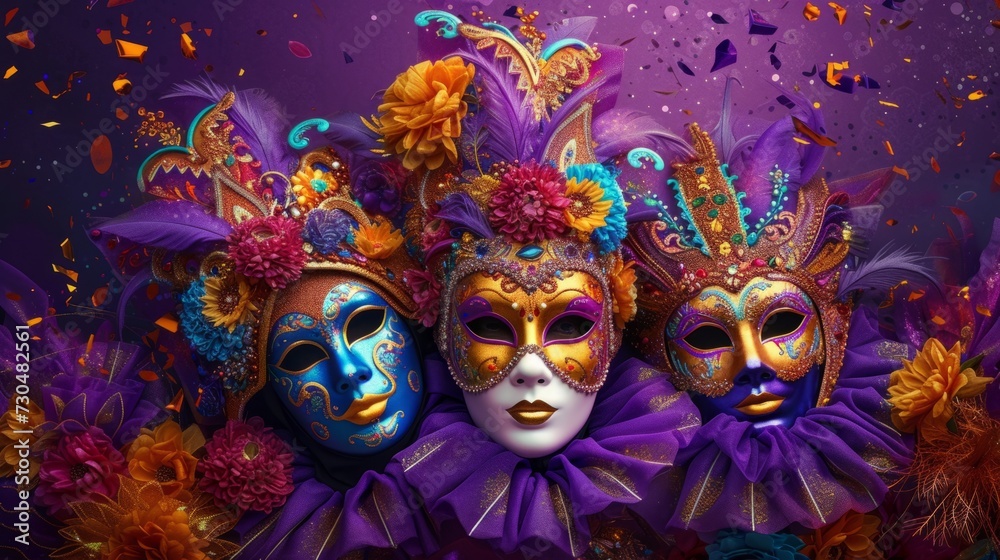 Lively carnival composition with energetic masks and festive ornaments against a moody purple background, generative ai