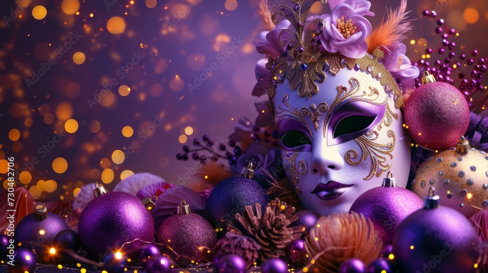 Lively carnival composition with energetic masks and festive ornaments against a moody purple background, generative ai