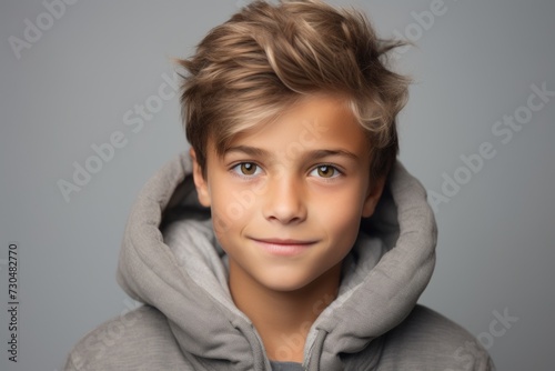 portrait of a boy in a gray hoodie on a gray background