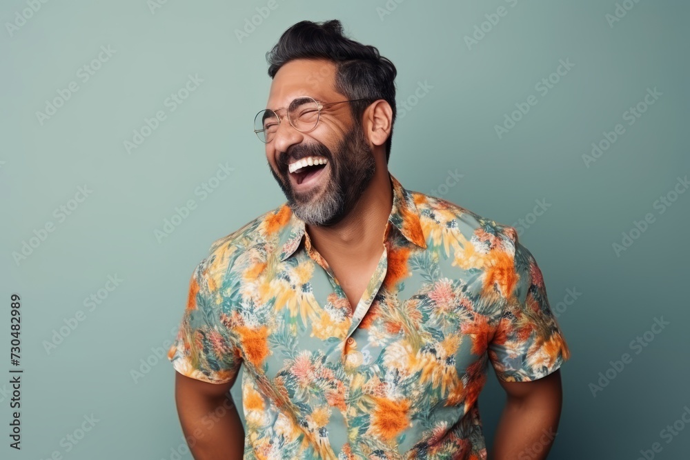 Portrait of a handsome Indian man laughing and looking at the camera