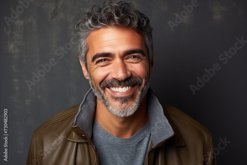 Portrait of a handsome middle-aged man smiling over grey background.