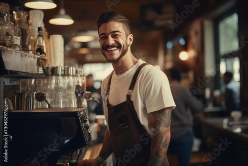Friendly barista at a coffee shop with a welcoming smile.