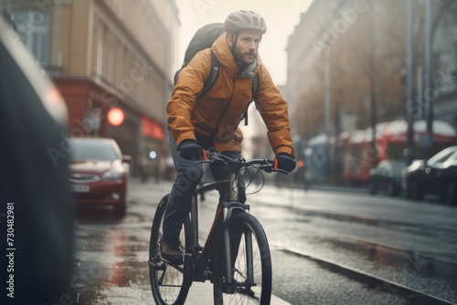 Urban cyclist commuting on a foggy day in the city © Archil
