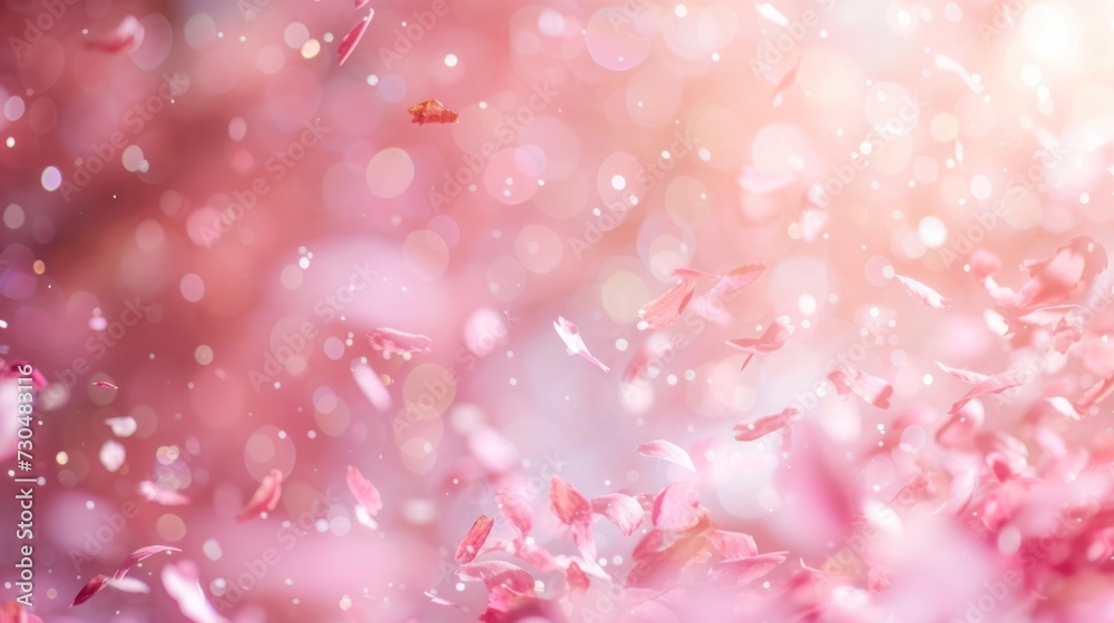 Realistic style bokeh effect confetti gently floating on a radiant pink background, generative ai