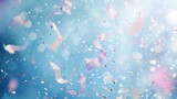 Soft blue pastel background complementing the bokeh-effect confetti, generative ai