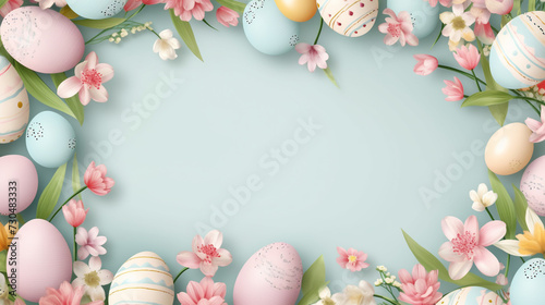 Easter background with eggs and flowers, frame. Copy space. 