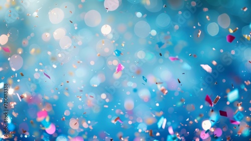 Soft blue pastel background complementing the bokeh-effect confetti, generative ai