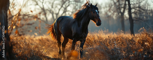  A black horse gallops freely in a golden field at sunset.