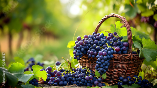 Ripe grapes in basket on sunny vineyard.full of dark grapes in a large green garden 