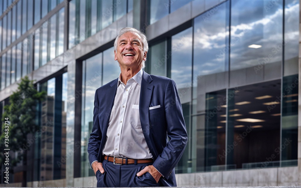 portrait of a successful older businessman consultant looking at camera and smiling in front of modern office building