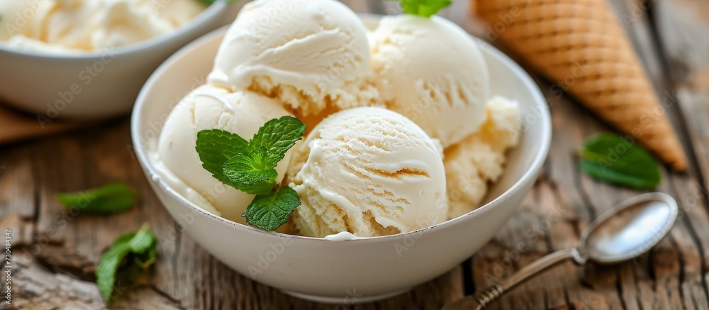 Vanilla ice cream balls with mint leaves in a white bowl on a wooden table, with a waffle cone and spoon.