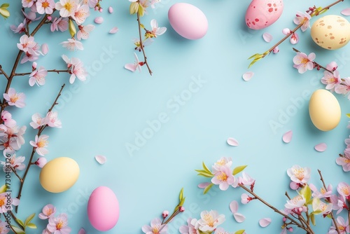Minimalistic Easter background mockup with negative empty space for text. Easter eggs and spring sakura flowers on a blue background. Space for text, decor concept. Blank space in the middle photo