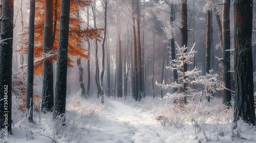 Colorful forest with rime and snow in winter in Poland © Jennifer